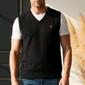 Polo Ralph Lauren Black Knit Vest Sz M 100% Cotton(ID67)